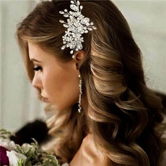 Bride Wedding Hair Comb Pearl Flower Hair Piece Rhinestone Silver Headpiece - Picture 1 of 7